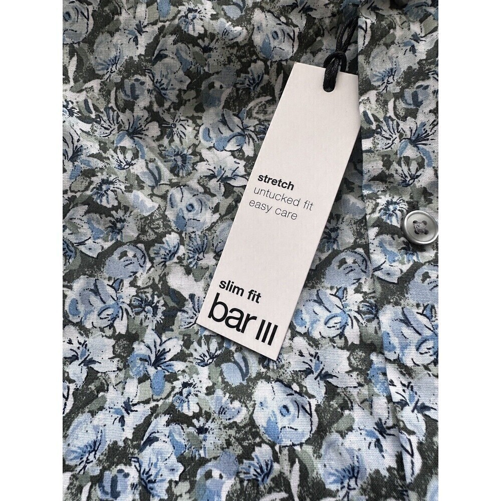 Bar III Mens Arte Slim-Fit Floral-Print Dress Shirt Long Sleeve Olive Blue - Picture 3 of 3